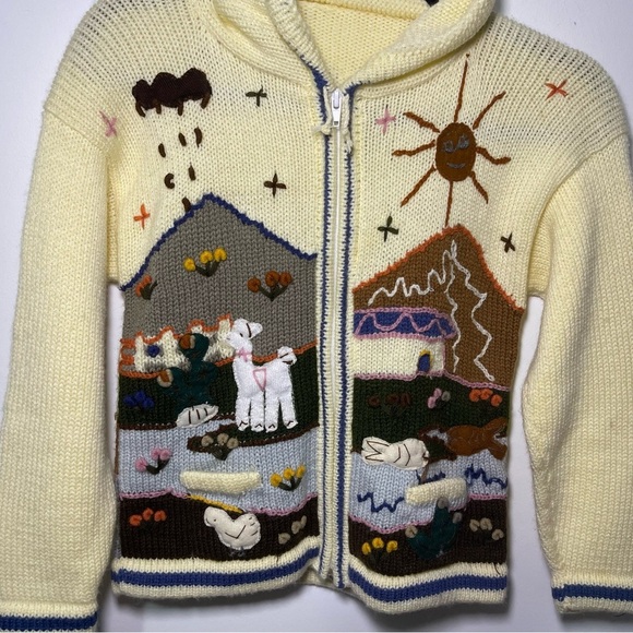 Handmade Kids Knit Zip Hoodie Jacket Llama Embroidery Village Scene Size M 8-10 - Picture 2 of 11